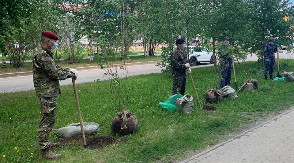 В Югре сотрудники Росгвардии в рамках Всероссийской акции «Сад памяти» высадили 75 саженцев сирени